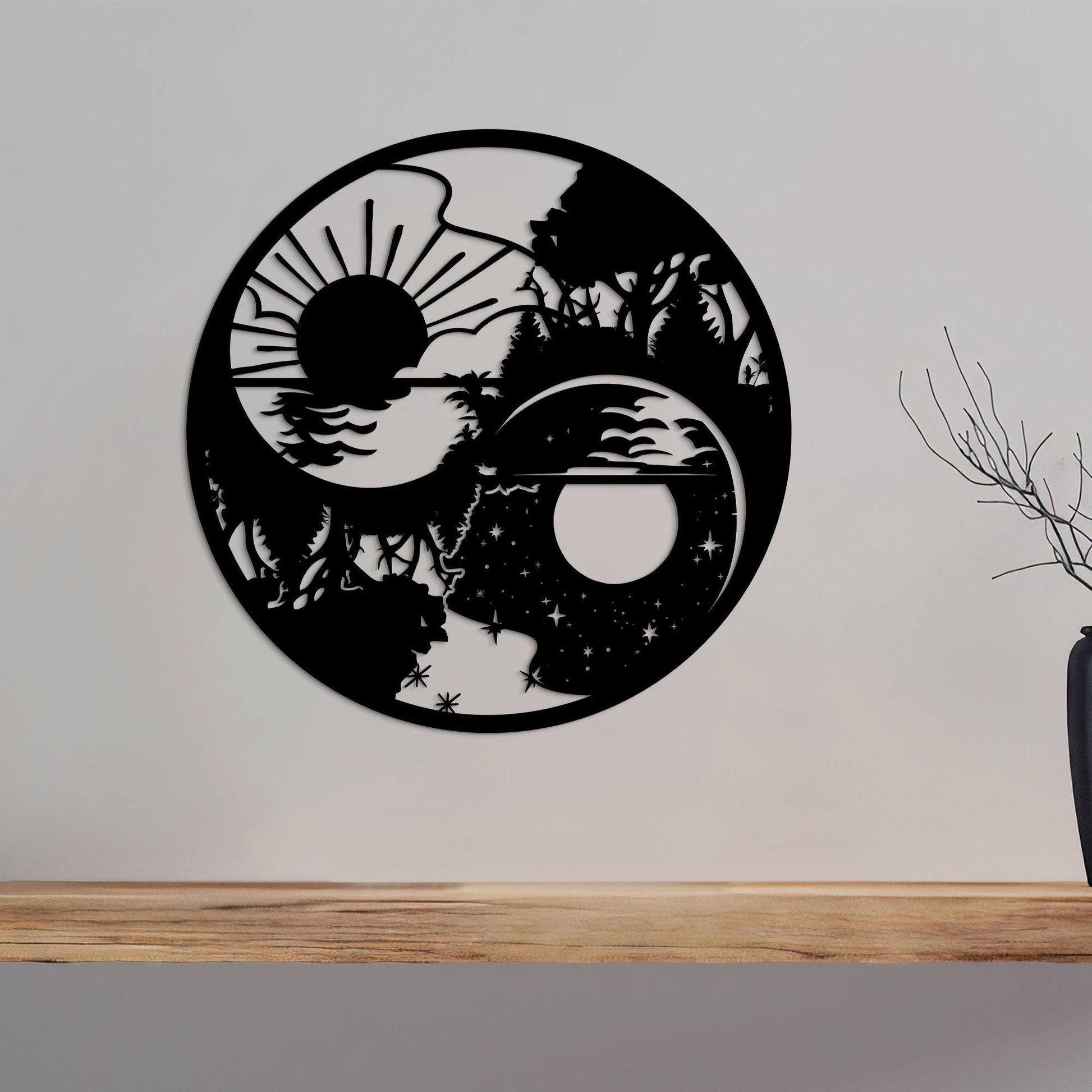 Yin Yang Sun and Moon Metal Wall Art with Led Light, Housewarming Gift, Home Office Decor, Interior Decoration, Day and Night Nature Art