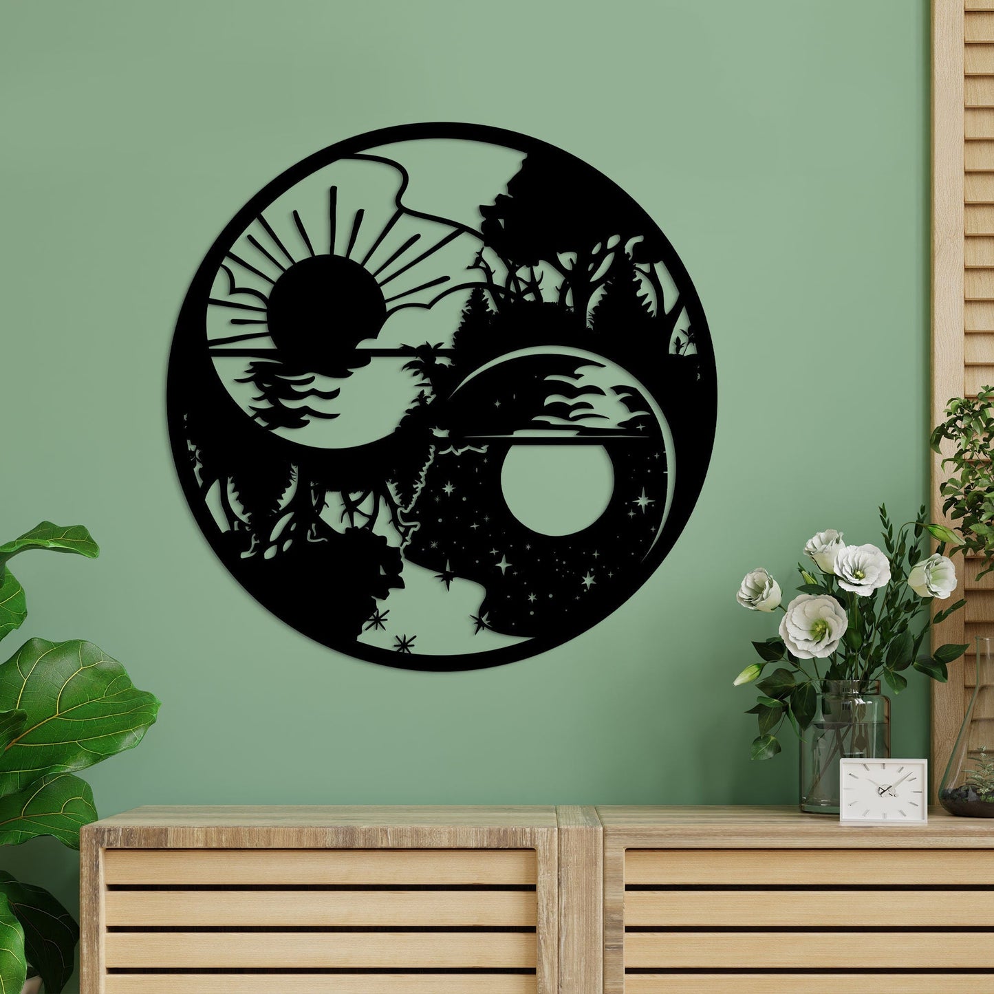 Yin Yang Sun and Moon Metal Wall Art with Led Light, Housewarming Gift, Home Office Decor, Interior Decoration, Day and Night Nature Art