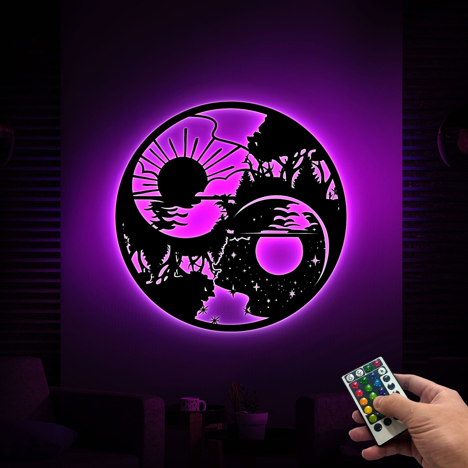 Yin Yang Sun and Moon Metal Wall Art with Led Light, Housewarming Gift, Home Office Decor, Interior Decoration, Day and Night Nature Art