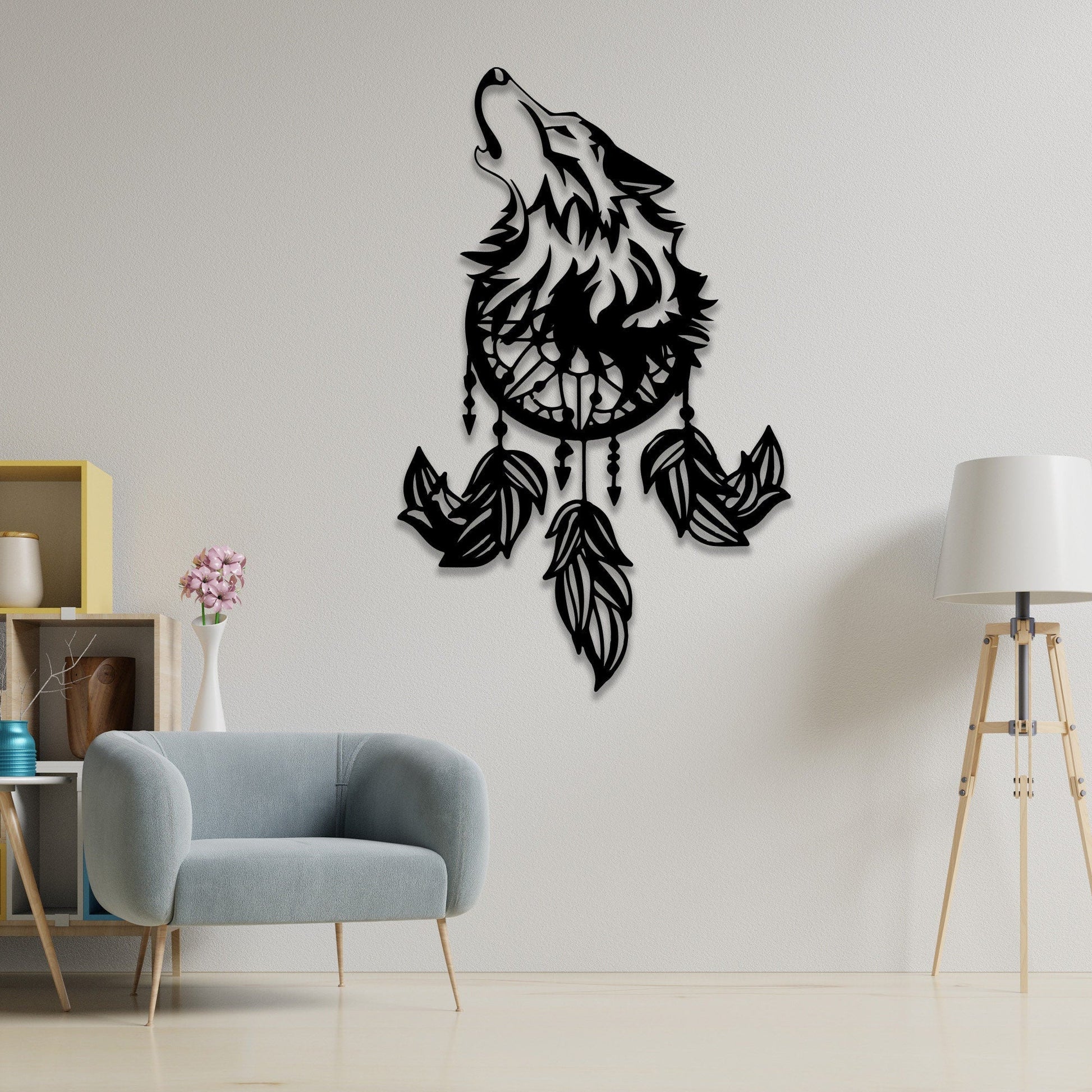 Wolf and Dreamcatcher Metal Wall Art Led Light, Howling Wolf Home Decor, Bedroom Decor Nursery Decor, Dreamcatcher Gift Wall Hanging