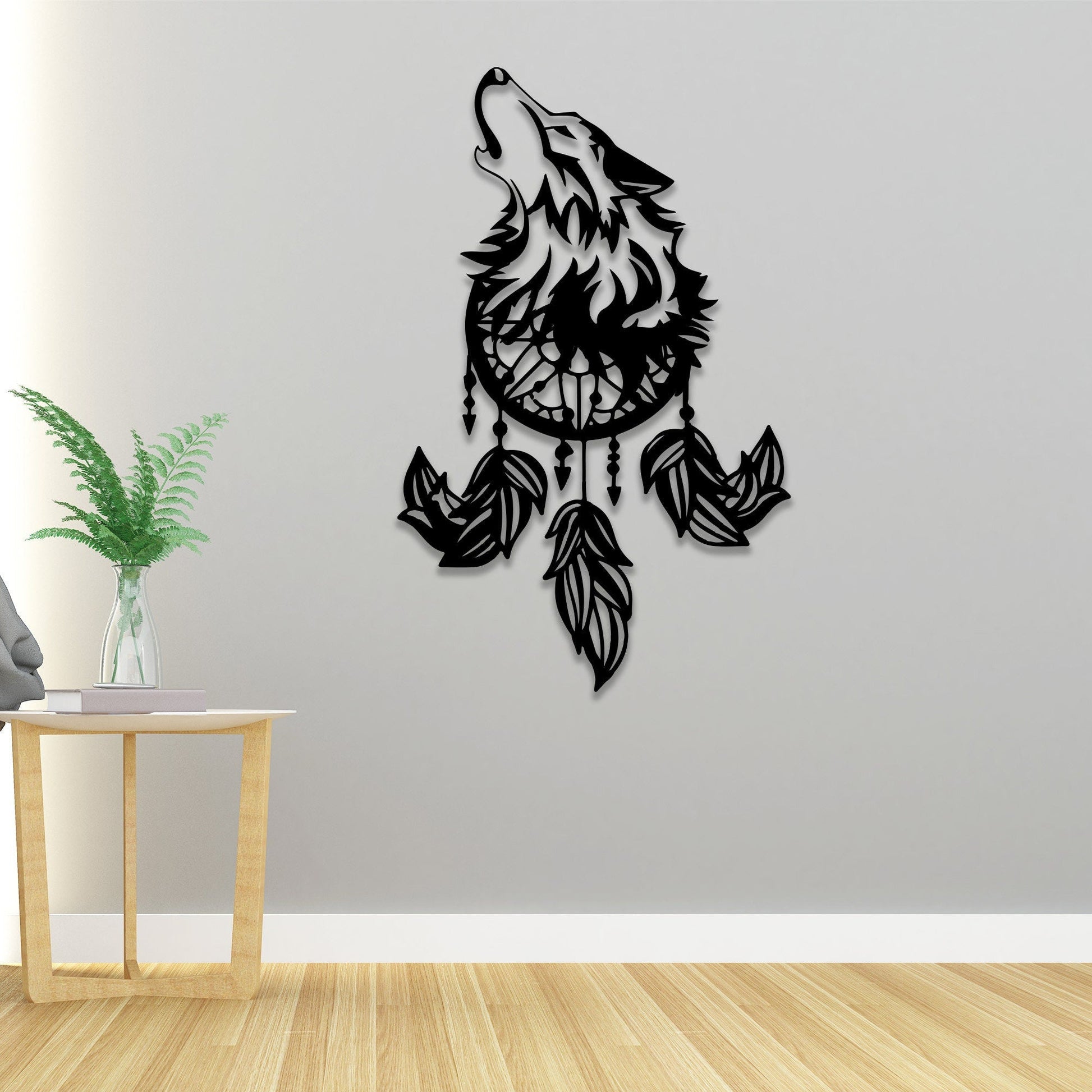 Wolf and Dreamcatcher Metal Wall Art Led Light, Howling Wolf Home Decor, Bedroom Decor Nursery Decor, Dreamcatcher Gift Wall Hanging