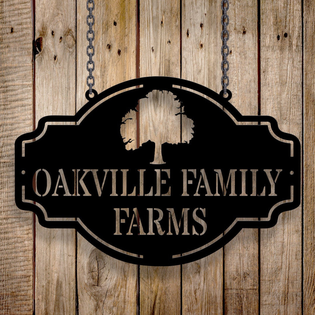 Personalized Oak Farm Metal Sign, Farmhouse Sign, Oak Tree Sign, Barn Sign, Custom Family Farm Sign, Gift For Dad, Mom (chains not included)