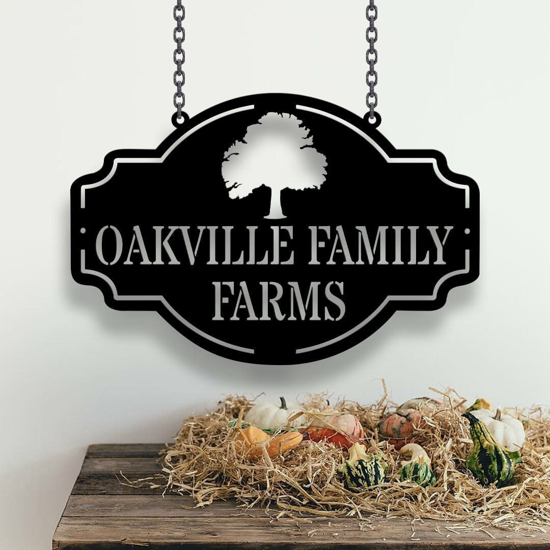 Personalized Oak Farm Metal Sign, Farmhouse Sign, Oak Tree Sign, Barn Sign, Custom Family Farm Sign, Gift For Dad, Mom (chains not included)