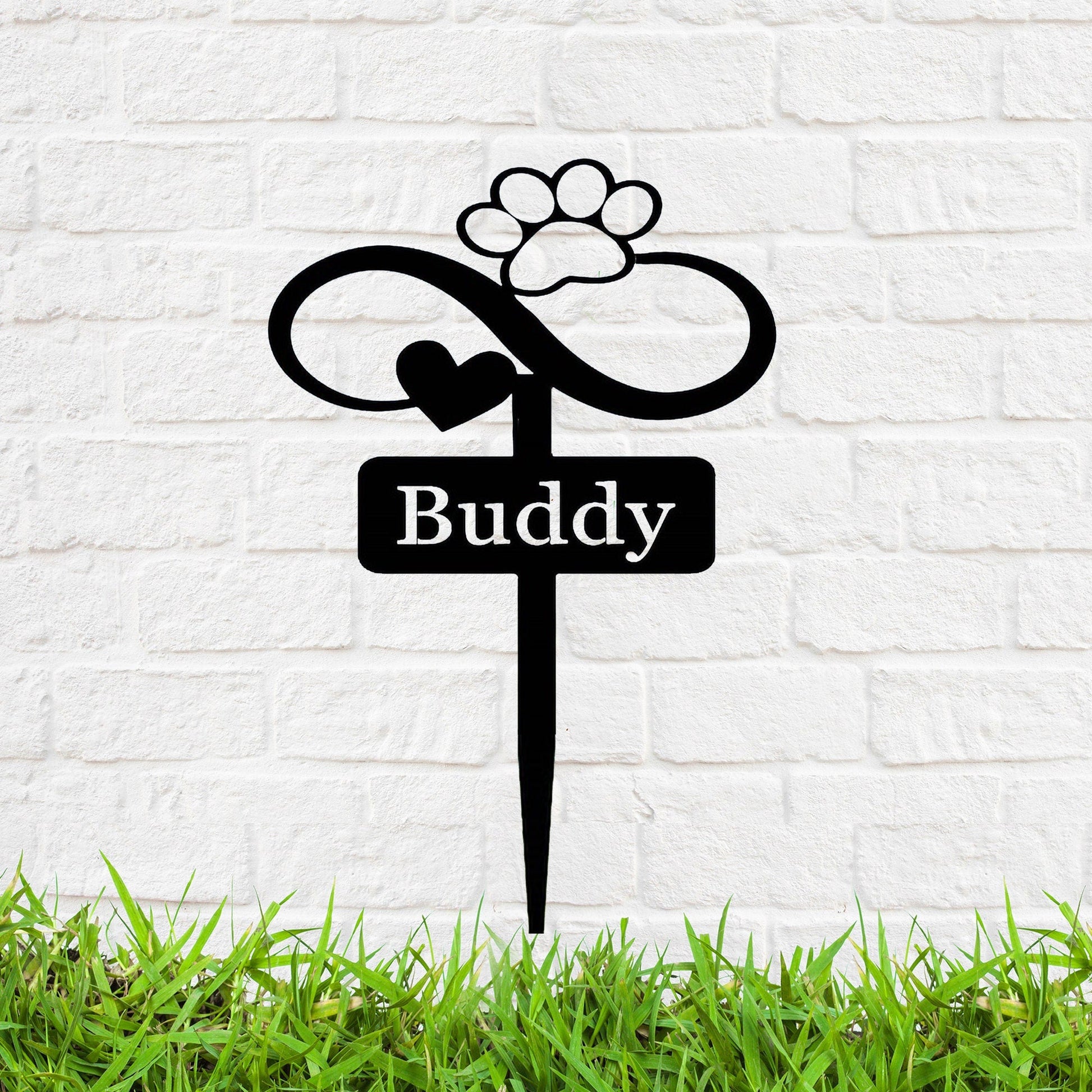 Custom Garden Stake Sign, Infinity Dog Garden Stake with Heart and Paw, Pet Marker Garden Name Stake, Metal Yard Art, Outdoor Sign