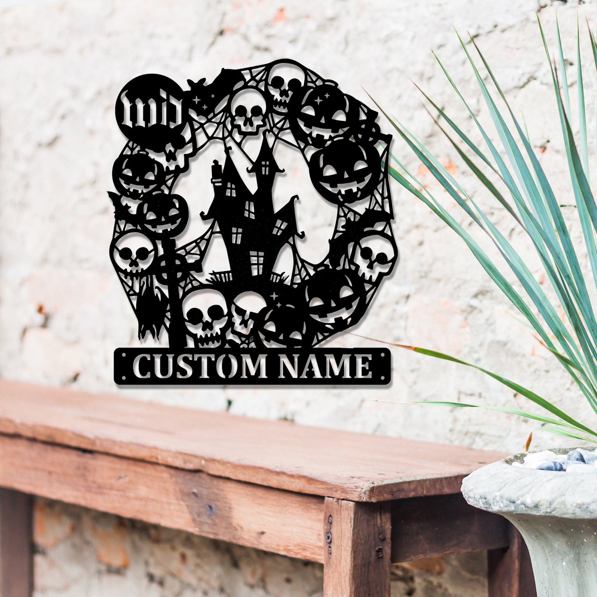 Personalized name metal sign, haunted house Halloween decoration, front porch custom surname sign Halloween welcome sign Wall lamps