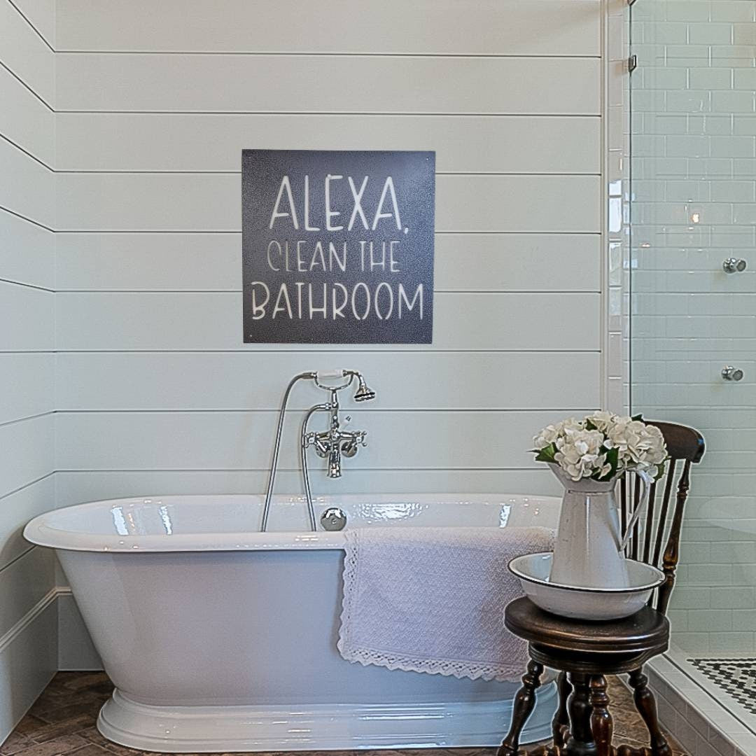 Alexa Clean The Bathroom Metal Sign, Funny Bathroom Sign, Funny Bathroom Wall Decor, Bathroom Wall Art