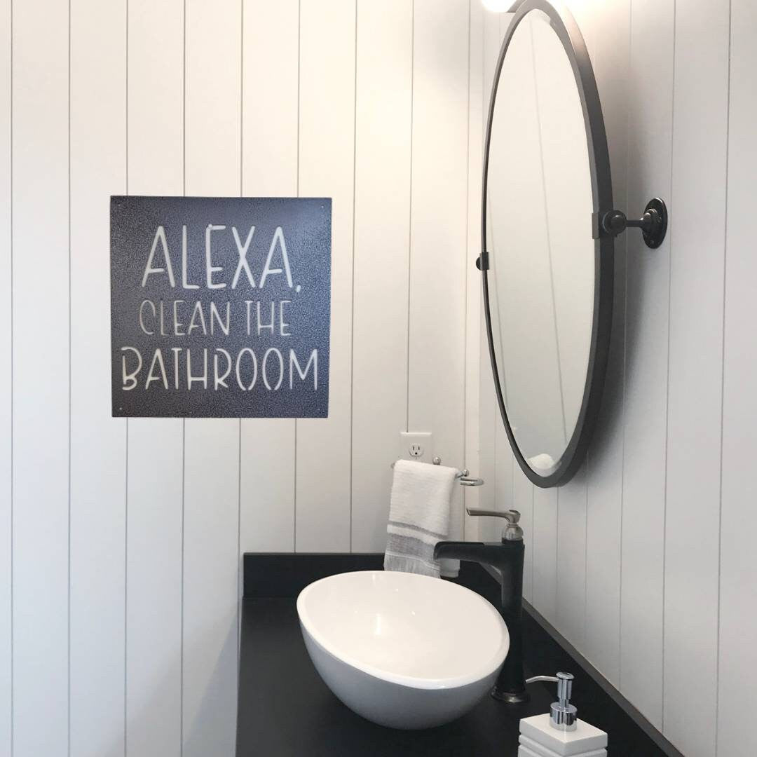 Alexa Clean The Bathroom Metal Sign, Funny Bathroom Sign, Funny Bathroom Wall Decor, Bathroom Wall Art