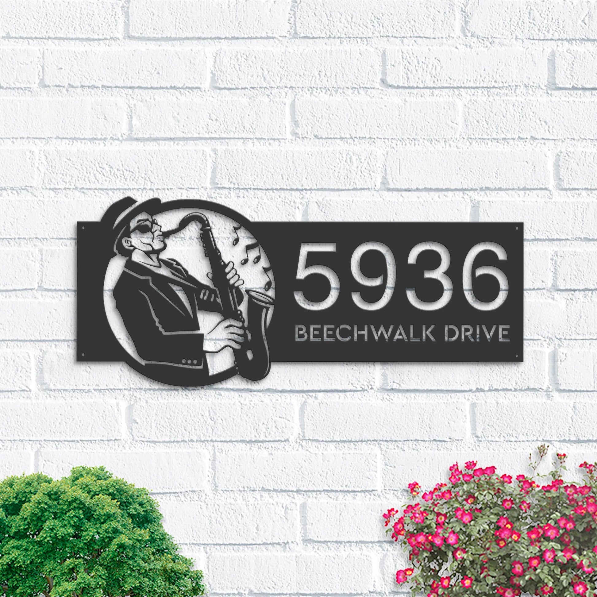 Personalized Saxophone player musician Metal Address Sign Custom House number Hanging Address Plaque Yard Sign, Outdoor Sign | Garden Stake