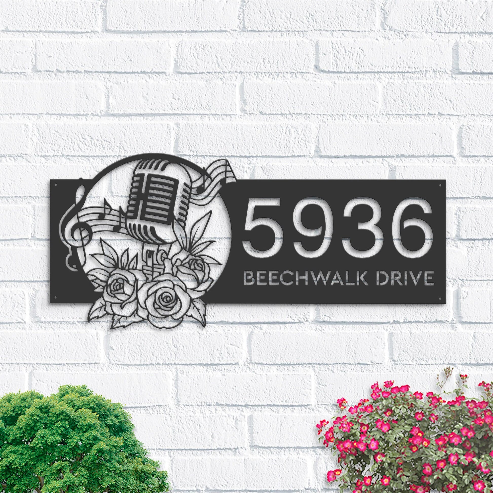 Personalized Floral microphone Musical notes Metal Address Sign House number Hanging Address Plaque | Yard Sign, Outdoor Sign | Garden Stake