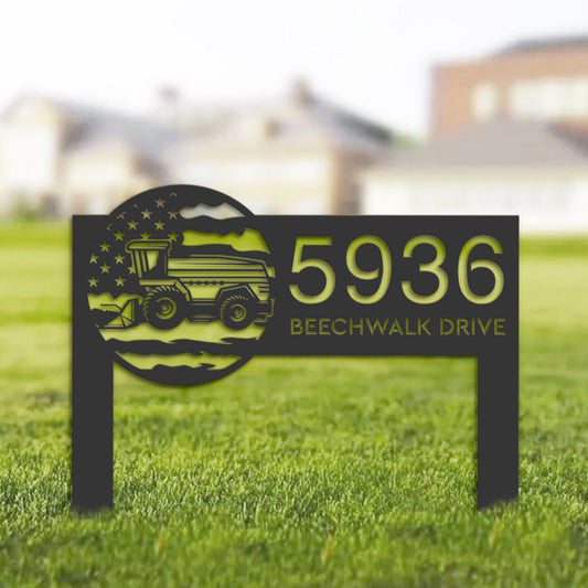 Personalized Farm harvester US flag Metal Address Sign Custom House number Hanging Address Plaque Yard Sign Outdoor Garden Stake