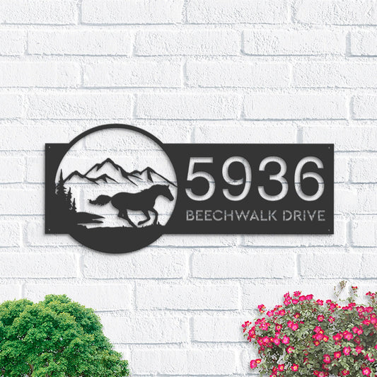 Personalized Horse running scene Metal Address Sign House number Hanging Address Plaque | Yard Sign, Outdoor Sign | Garden Stake