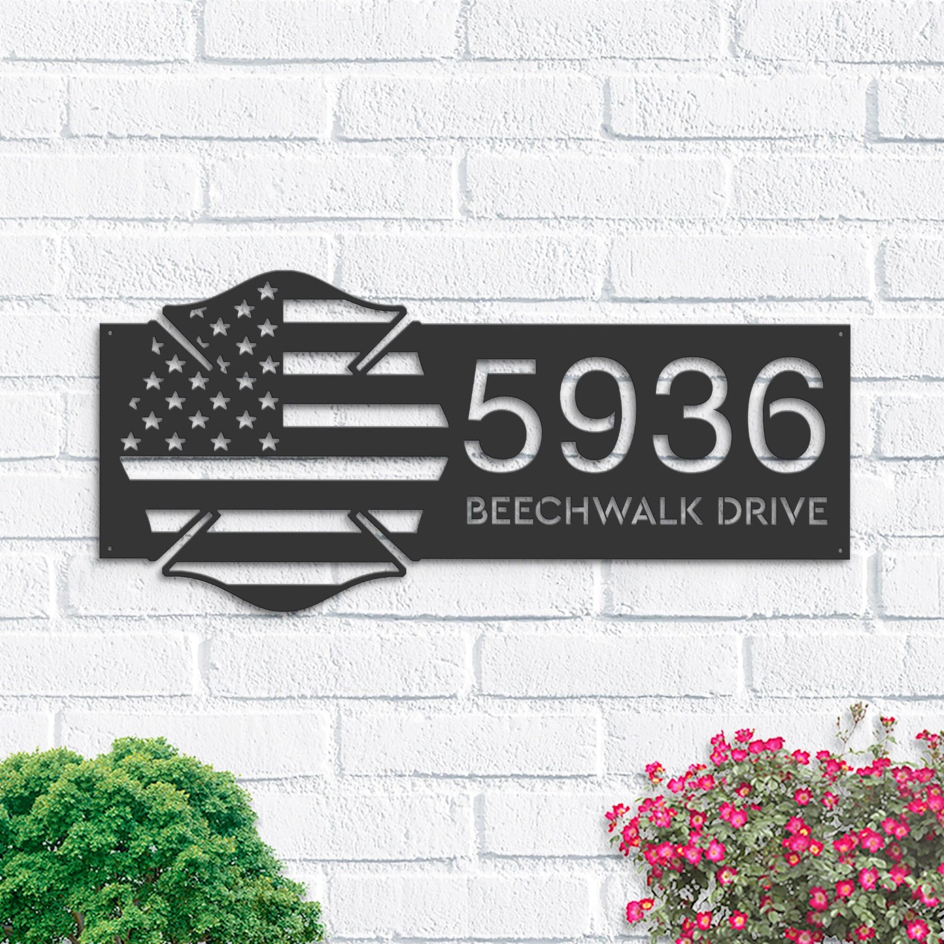 Personalized Fire department fireman US flag Metal Address Sign House number Hanging Address Plaque | Yard Sign, Outdoor Sign | Garden Stake