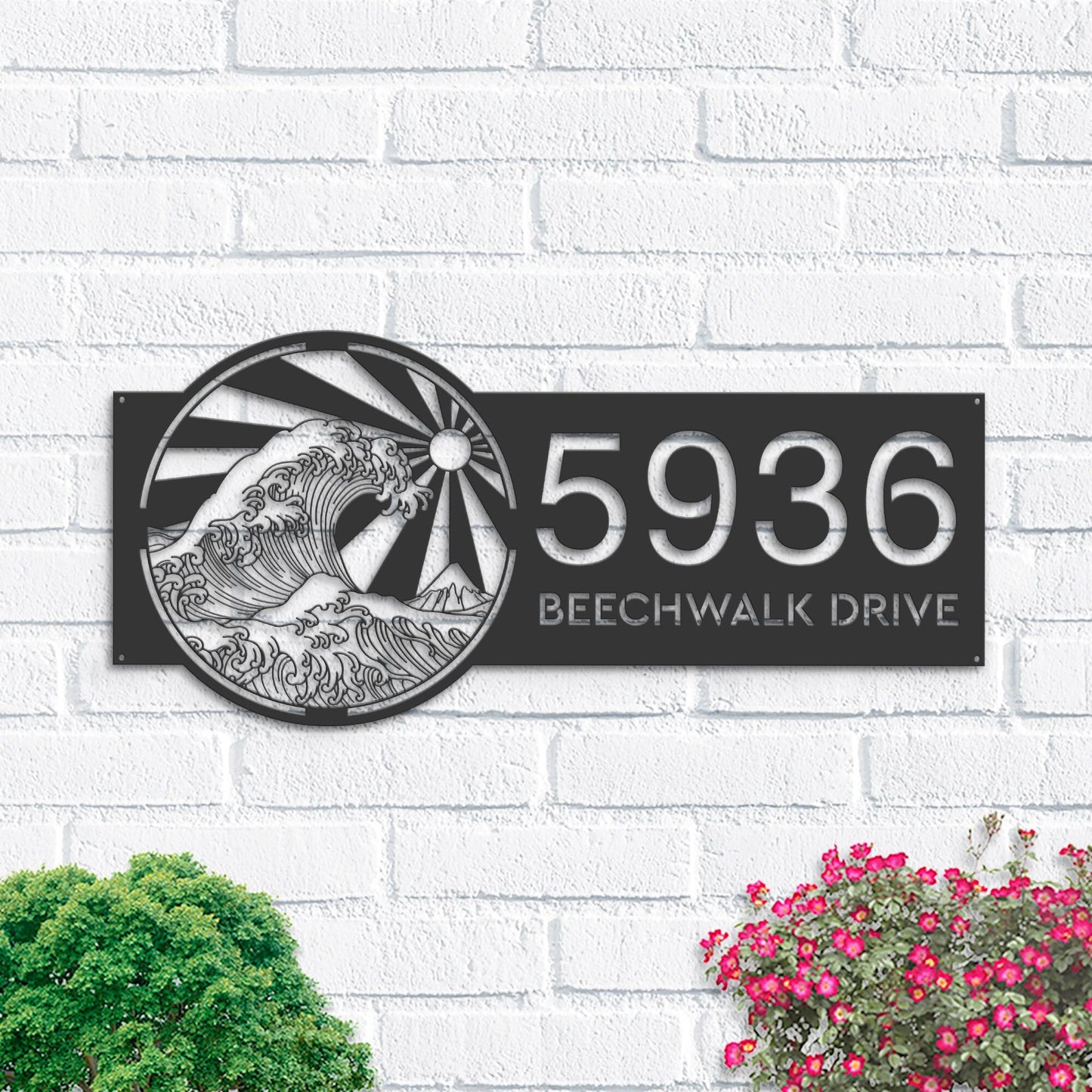 Personalized Japan Water Ocean Wave scene Metal Address Sign | Hanging Address Plaque | Yard Sign, Outdoor Sign | Garden Stake