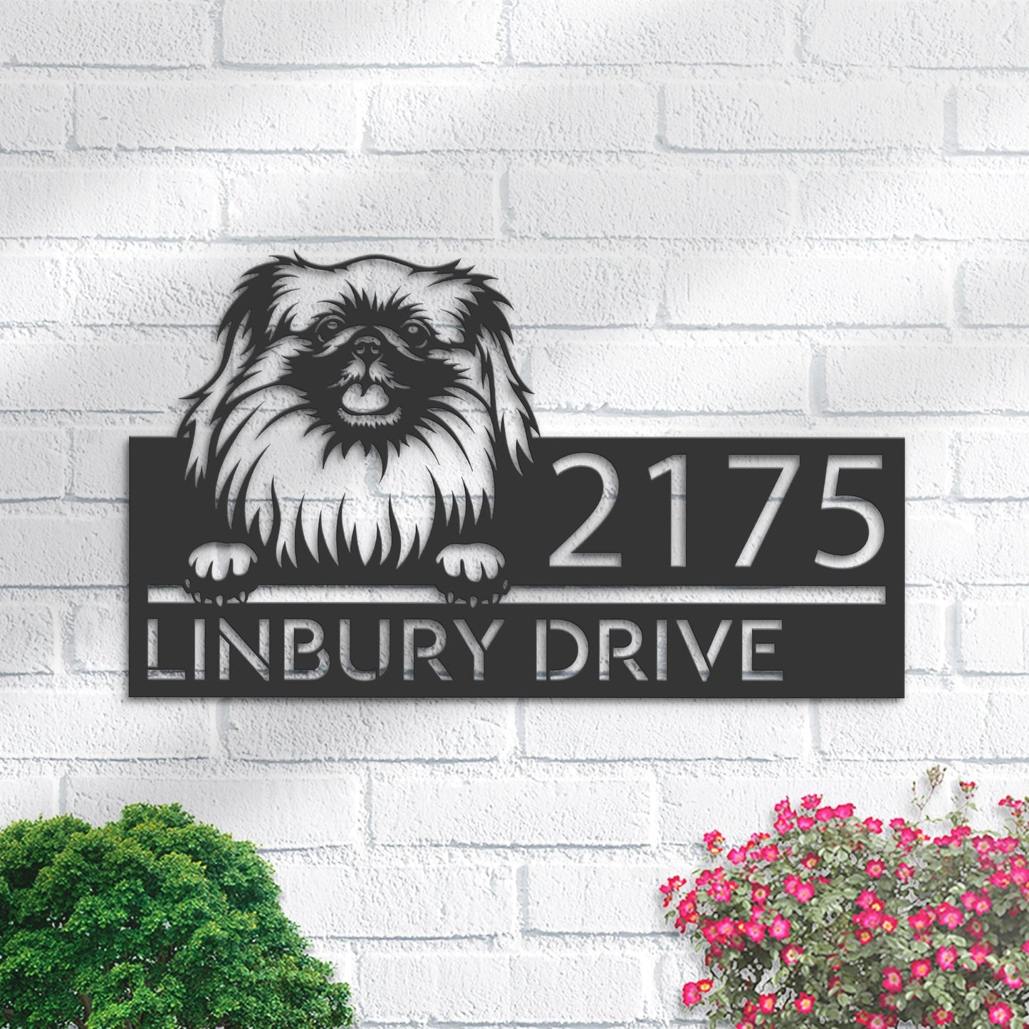 Personalized Pekingese dog, Puppy Metal Address Sign House number Hanging Address Plaque Yard Sign Outdoor decor Garden Stake