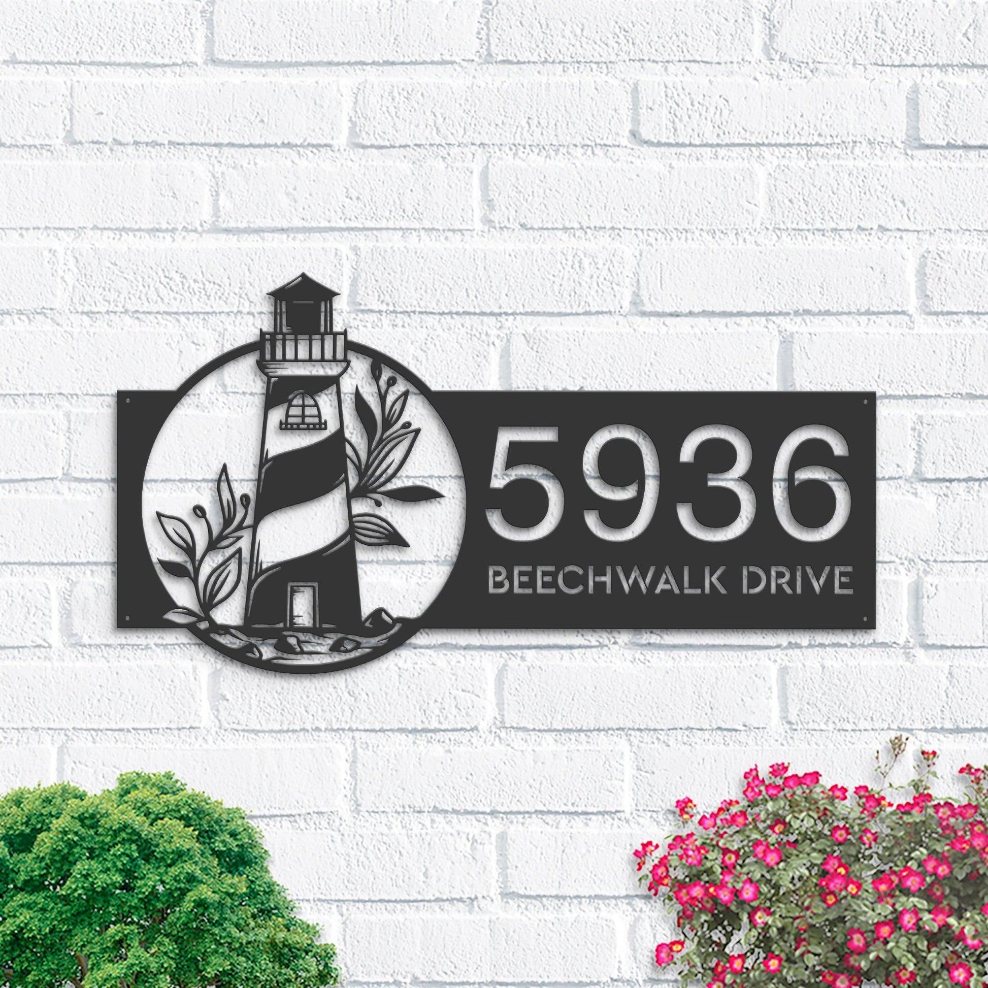 Personalized Floral lighthouse Metal Address Sign House number Hanging Address Plaque Yard Sign, Outdoor Sign Garden Stake