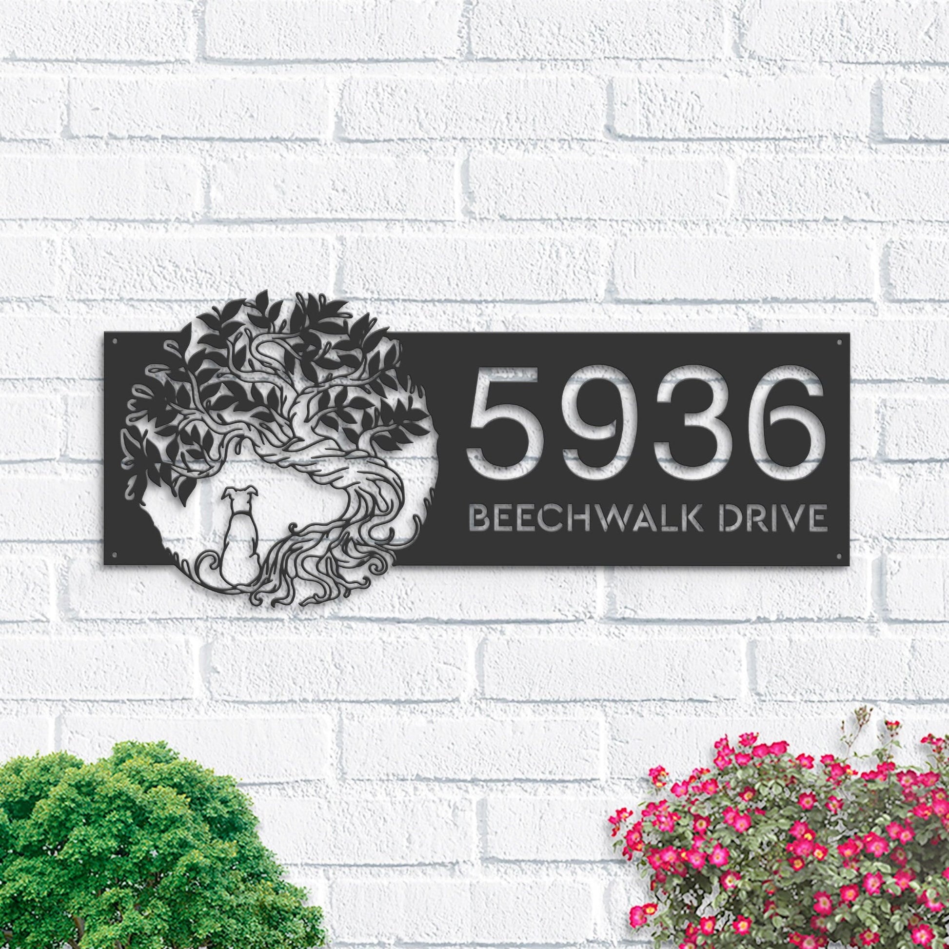 Personalized Tree of life with dog Metal Address Sign House number Hanging Address Plaque Yard Sign Outdoor Sign Garden Stake