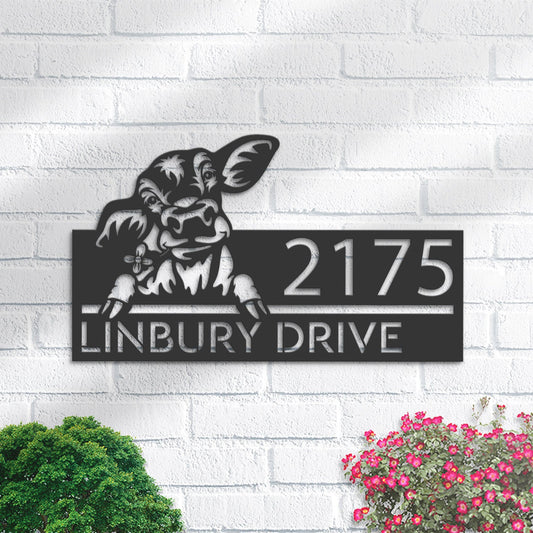 Personalized Peeking Calf Metal Address Sign With LED lights House number Hanging Address Plaque Yard Sign Outdoor Garden Stake