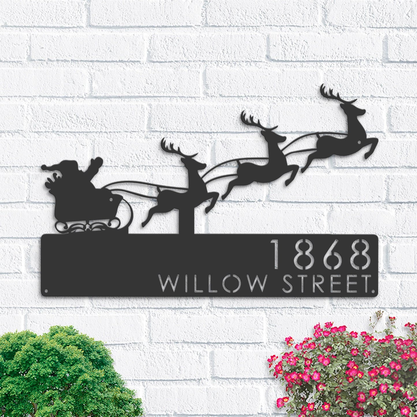 Personalized Santa claus Christmas, Reindeer sleigh Metal Address Sign | Hanging Address Plaque | Yard Sign, Outdoor Sign | Garden Stake