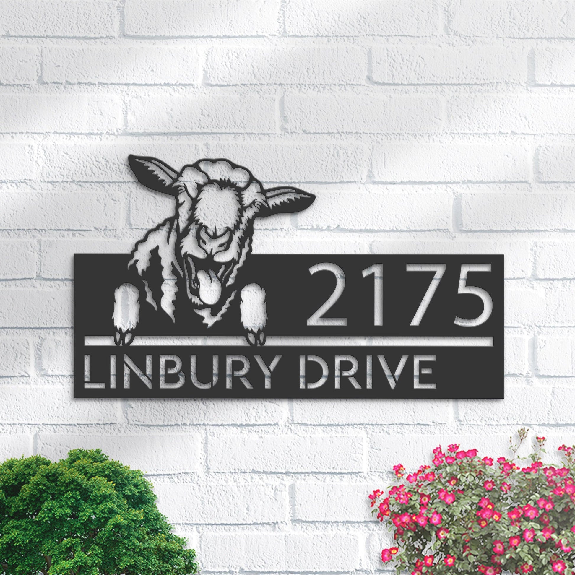 Personalized Peeking Sheep Metal Address Sign With LED lights House number Hanging Address Plaque Yard Sign Outdoor Garden Stake