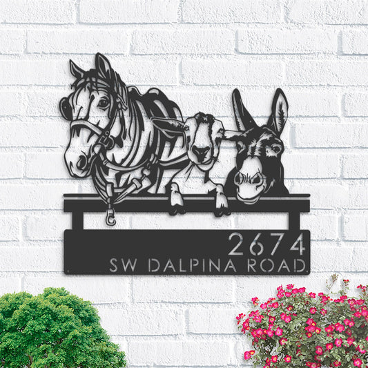 Personalized Horse Mule Goat farmhouse farm animals Metal Address Sign | Hanging Address Plaque | Yard Sign, Outdoor Sign | Garden Stake