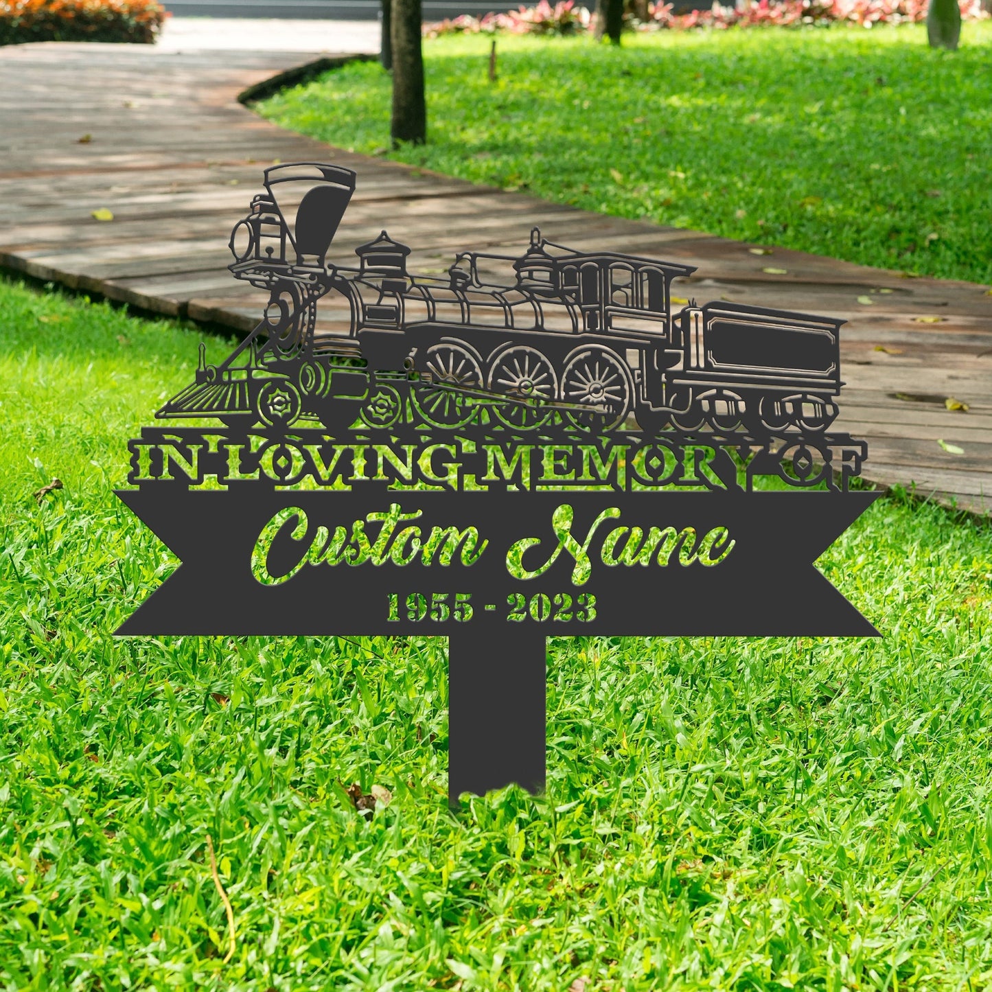 Personalized Train Memorial Stake, Metal Stake, Sympathy Sign, Grave Marker, Remembrance Stake