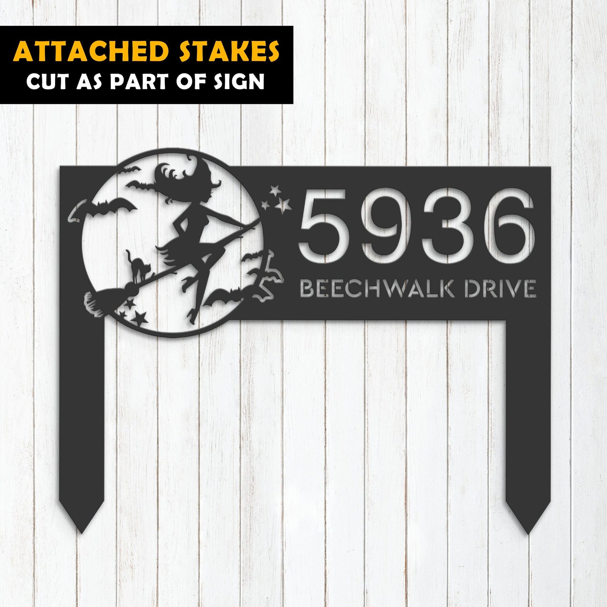 Personalized Witch and black cat flying halloween Metal Address Sign House number Hanging Address Plaque Yard Outdoor Sign Garden Stake