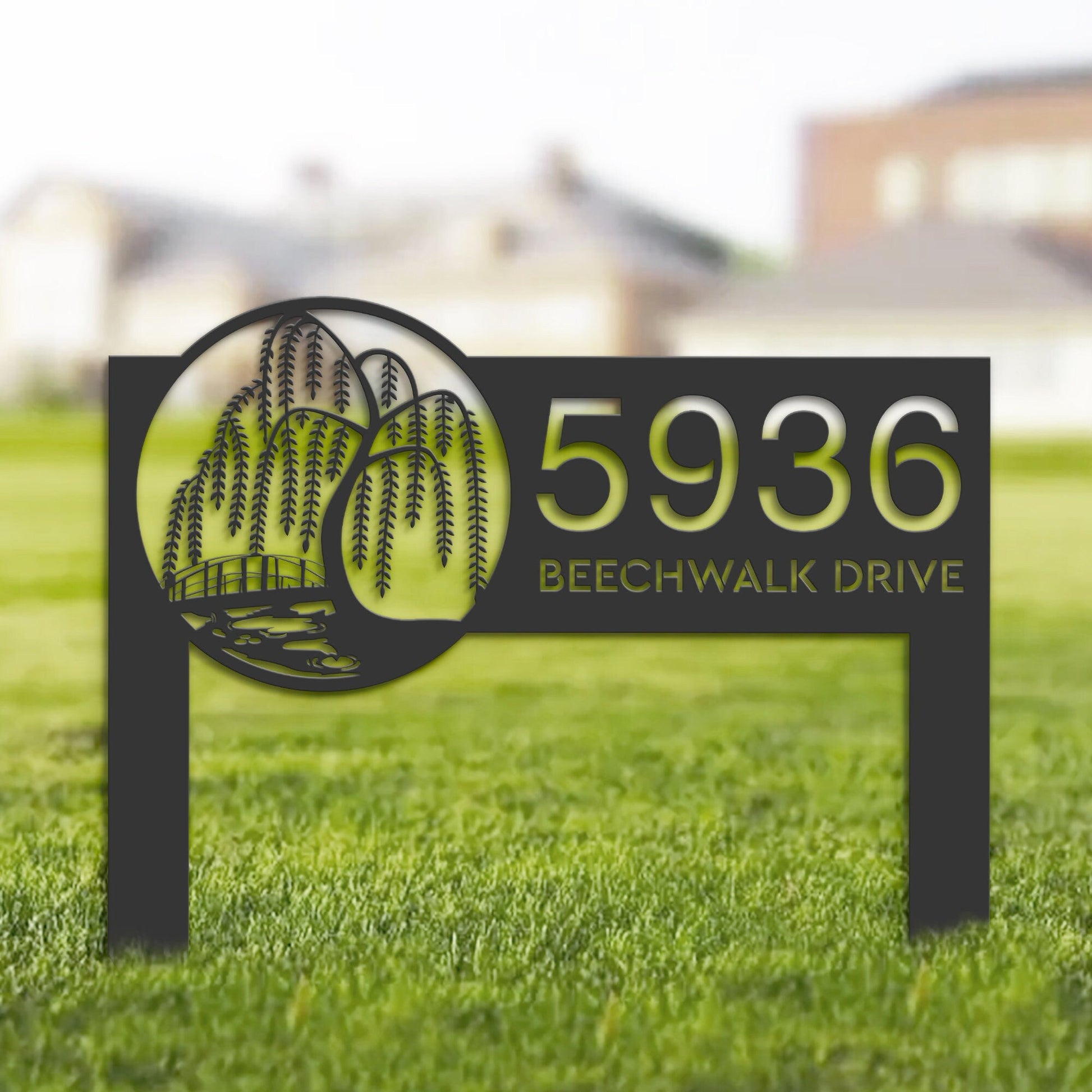 Personalized Scene with willow tree river Metal Address Sign House number | Hanging Address Plaque | Yard Sign, Outdoor Sign | Garden Stake