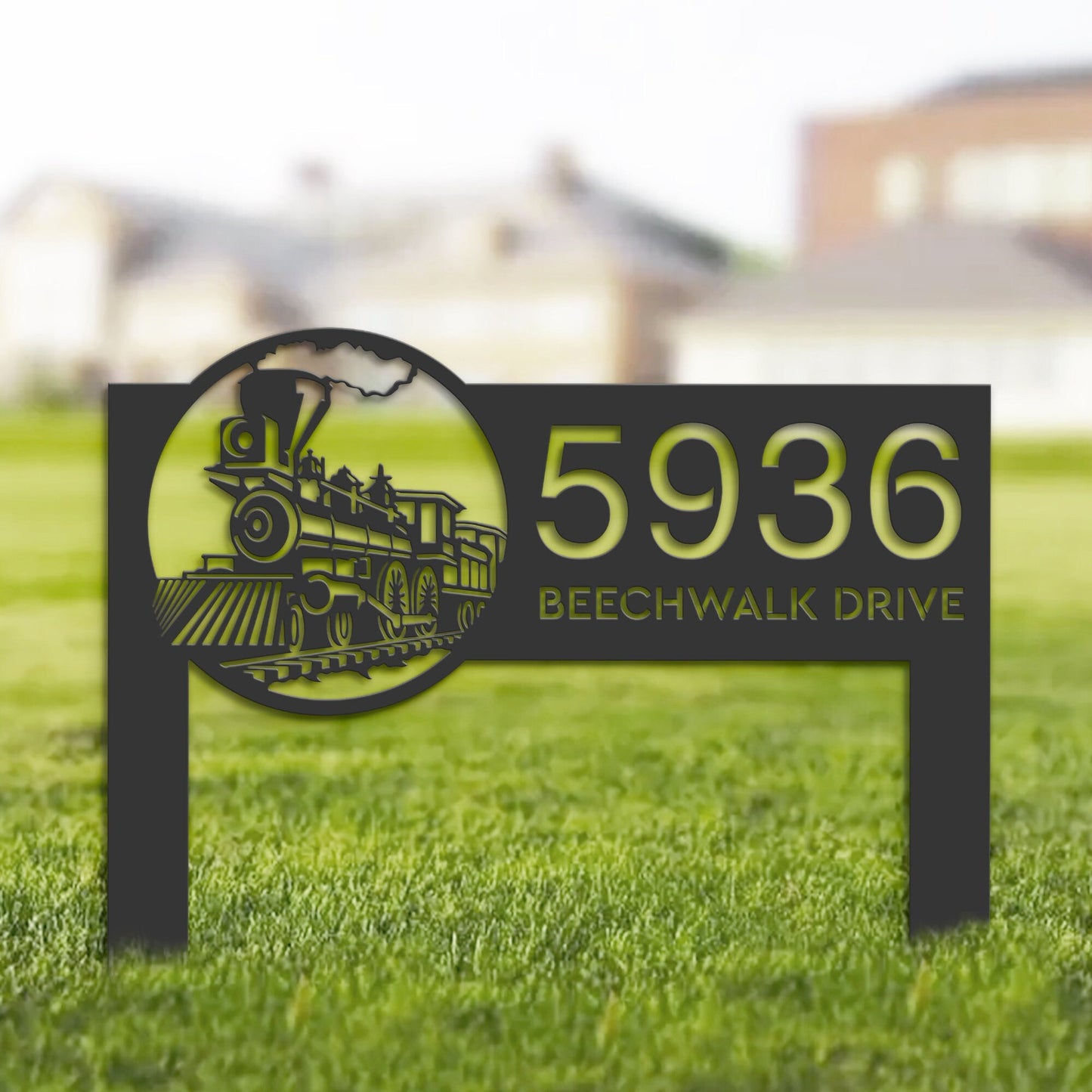 Personalized Train Metal Address Sign | Hanging Address Plaque | Yard Sign, Outdoor Sign | Garden Stake