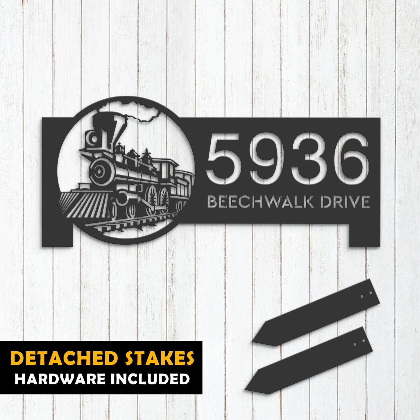 Personalized Train Metal Address Sign | Hanging Address Plaque | Yard Sign, Outdoor Sign | Garden Stake