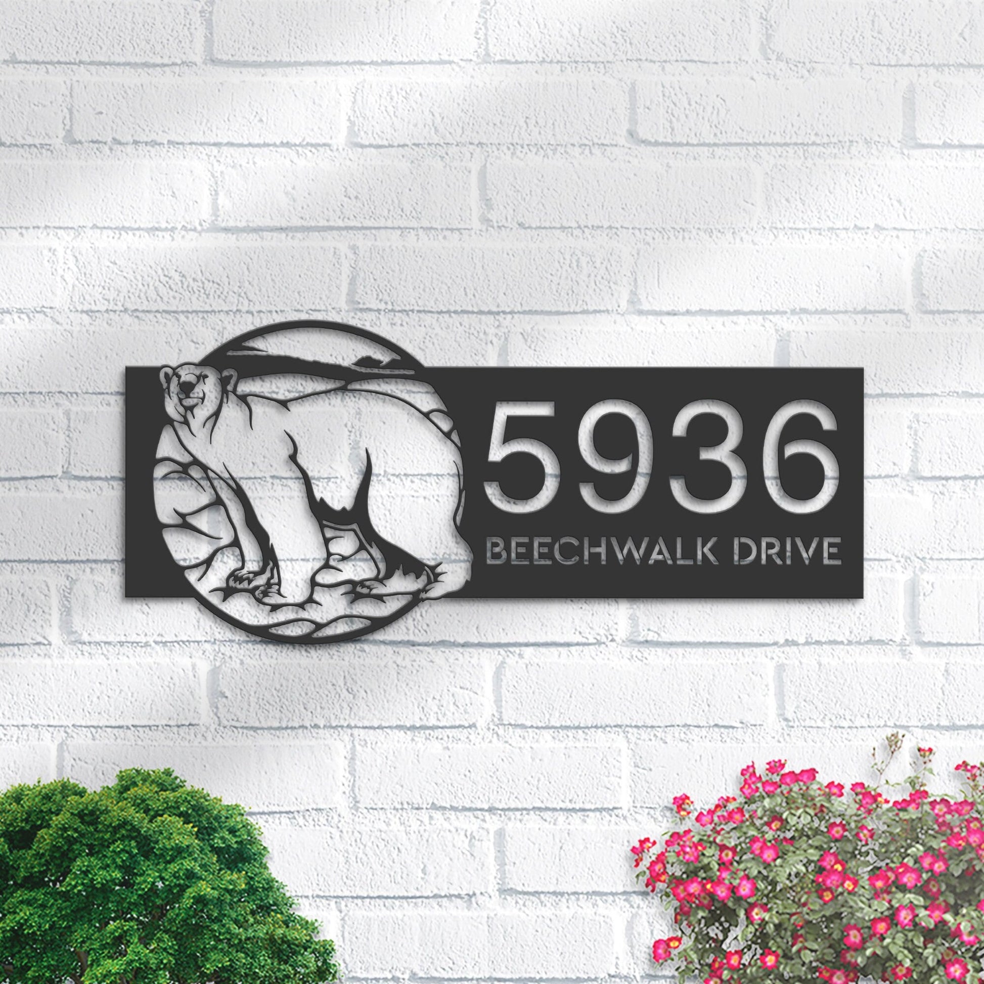 Personalized Polar Bear Metal Address Sign With LED lights House number Hanging Address Plaque Yard Sign Outdoor Garden Stake