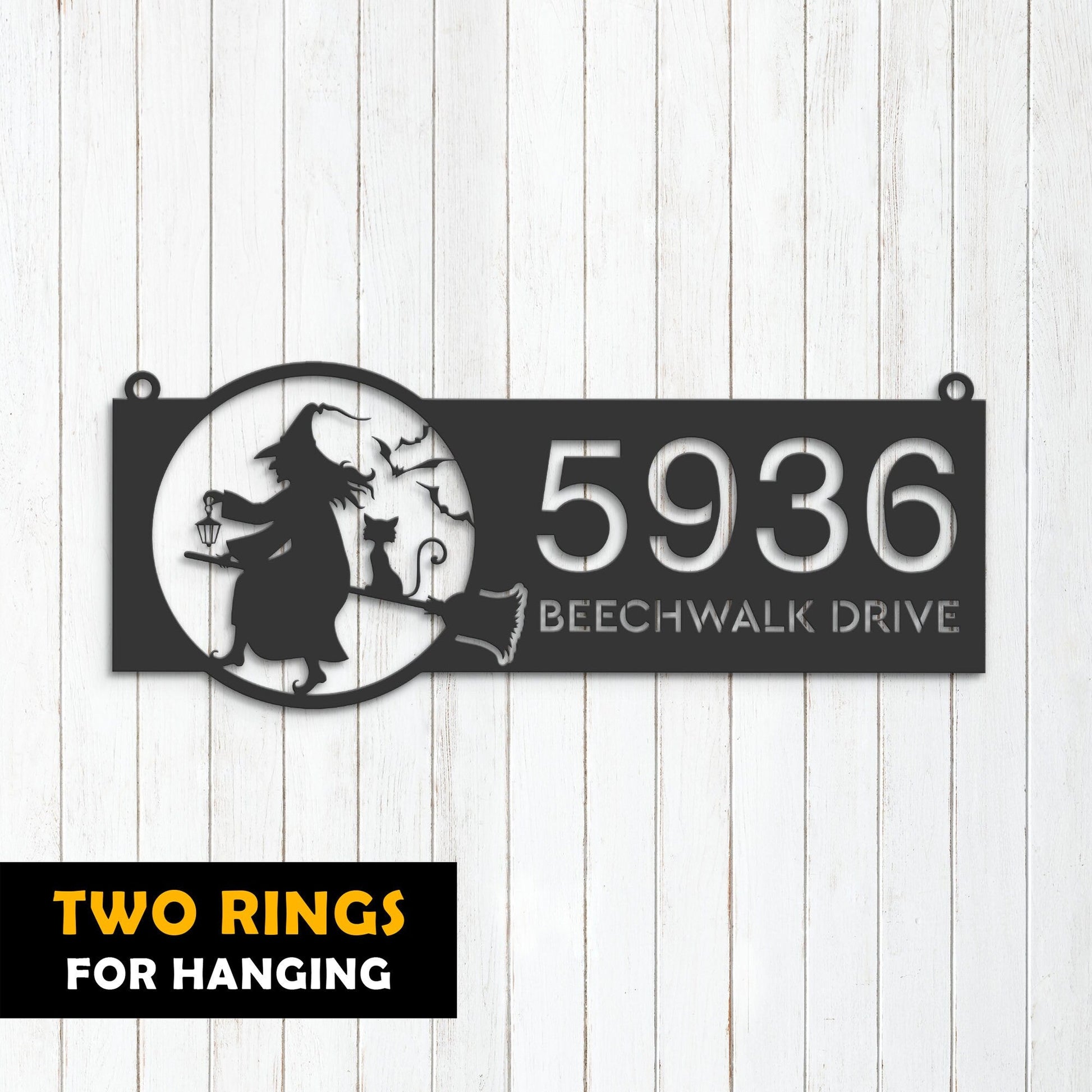 Personalized Witch and black cat flying Halloween Metal Address Sign House number Hanging Address Plaque Yard Sign Outdoor Sign Garden Stake