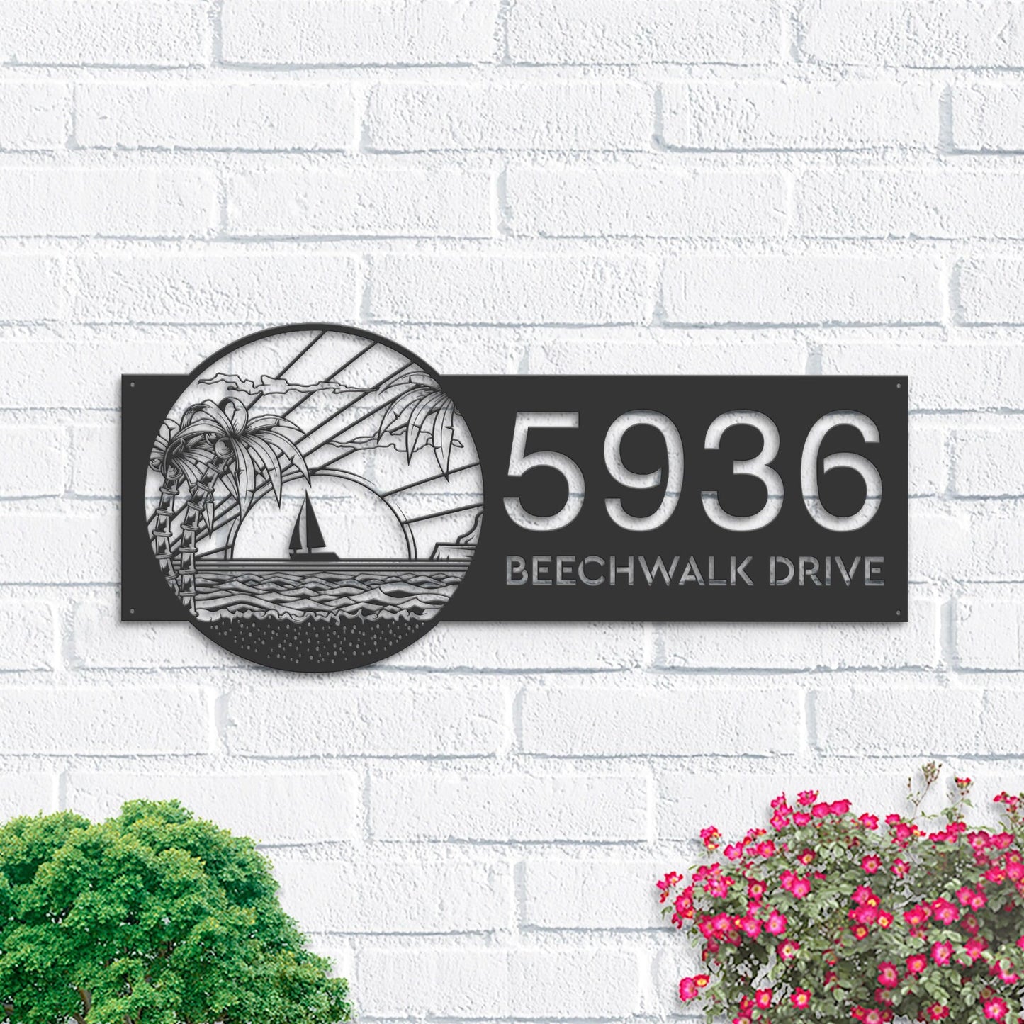 Personalized Island sea scene coconut tree Metal Address Sign House number Hanging Address Plaque Yard Sign, Outdoor Sign Garden Stake