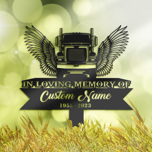 Personalized Semi truck trucker truck driver angel wings Memorial Stake, Metal Stake, Sympathy Sign, Grave Marker, Remembrance Stake