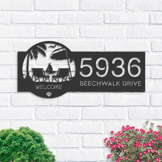 Personalized Palm Beach scene Metal Address Sign House number | Hanging Address Plaque | Yard Sign, Outdoor Sign | Garden Stake