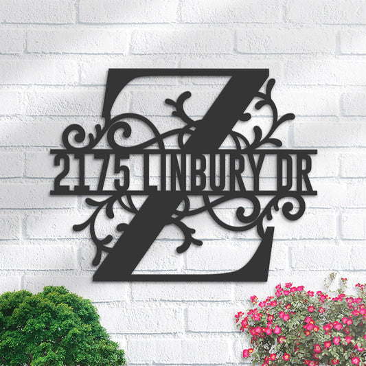 Personalized Floral Monogram Split Letter Z Metal Address Sign House number Hanging Address Plaque Yard Sign Outdoor decor Garden Stake