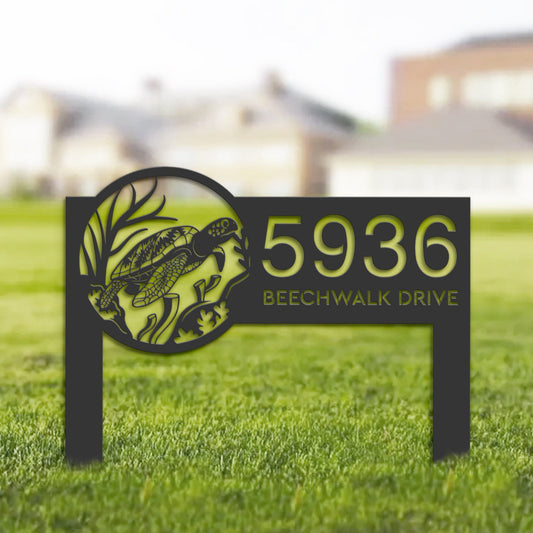 Personalized Sea Turtle Metal Address Sign House Number, Hanging Address Plaque | Yard Sign, Outdoor Sign Garden Stake