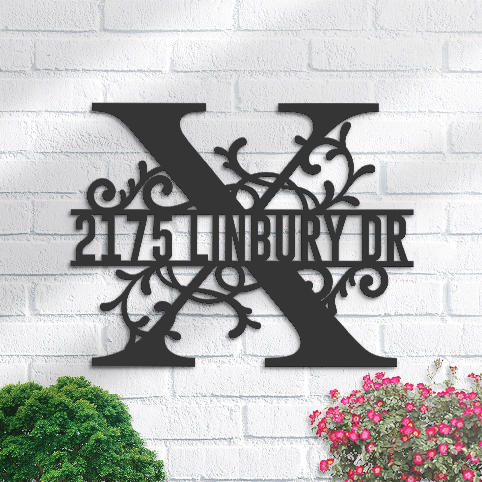 Personalized Floral Monogram Split Letter X Metal Address Sign House number Hanging Address Plaque Yard Sign Outdoor decor Garden Stake