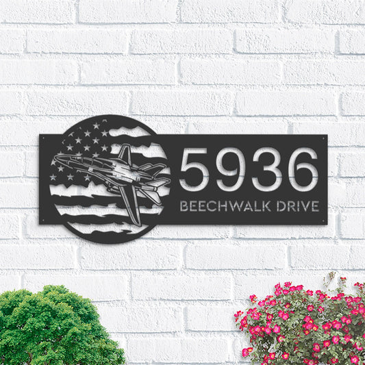 Personalized Tomcat Plane US flag Metal Address Sign With LED lights House number Hanging Address Plaque Yard Sign Outdoor Garden Stake