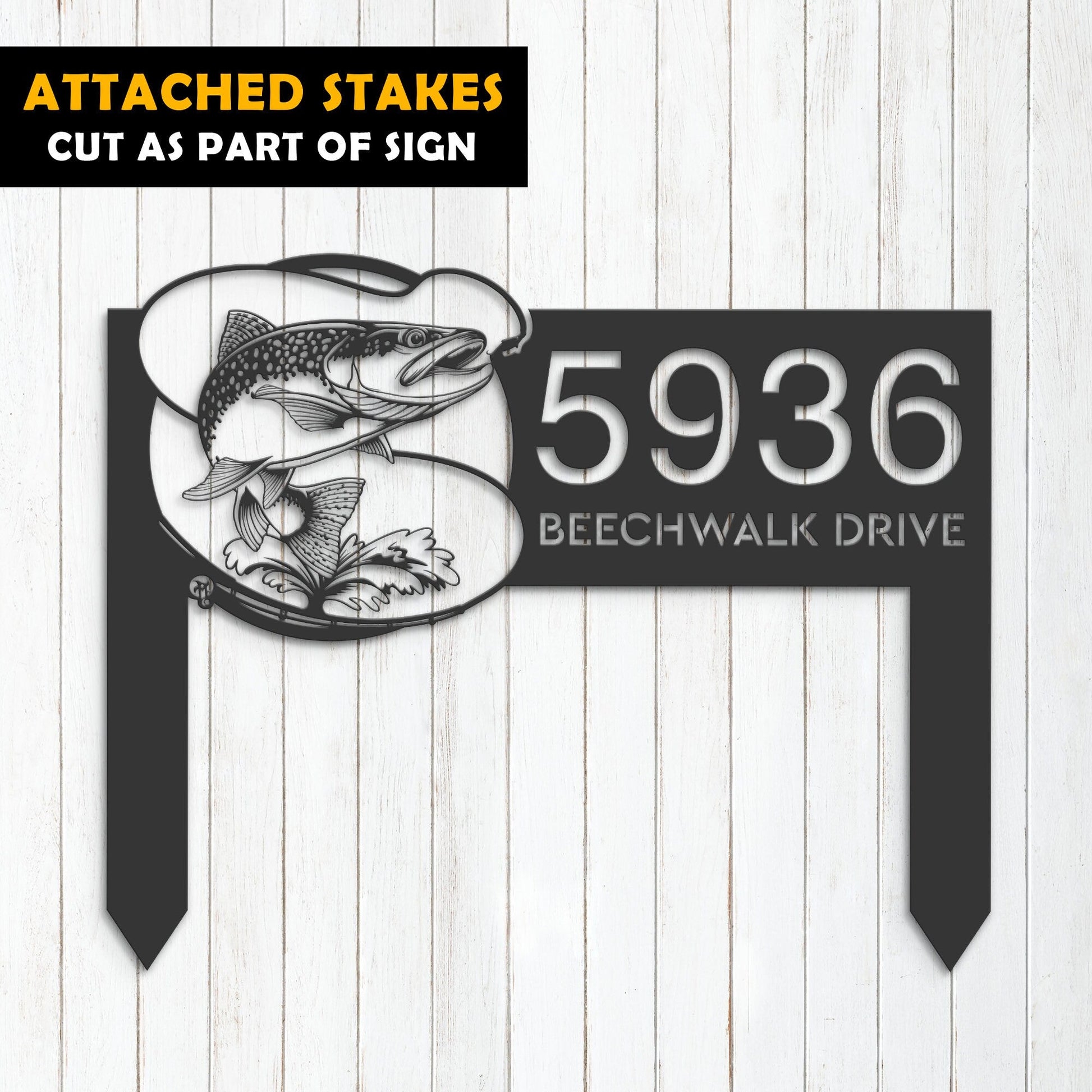 Personalized Trout fishing rod bait hook Metal Address Sign House number Hanging Address Plaque Yard Sign Outdoor Sign Garden Stake