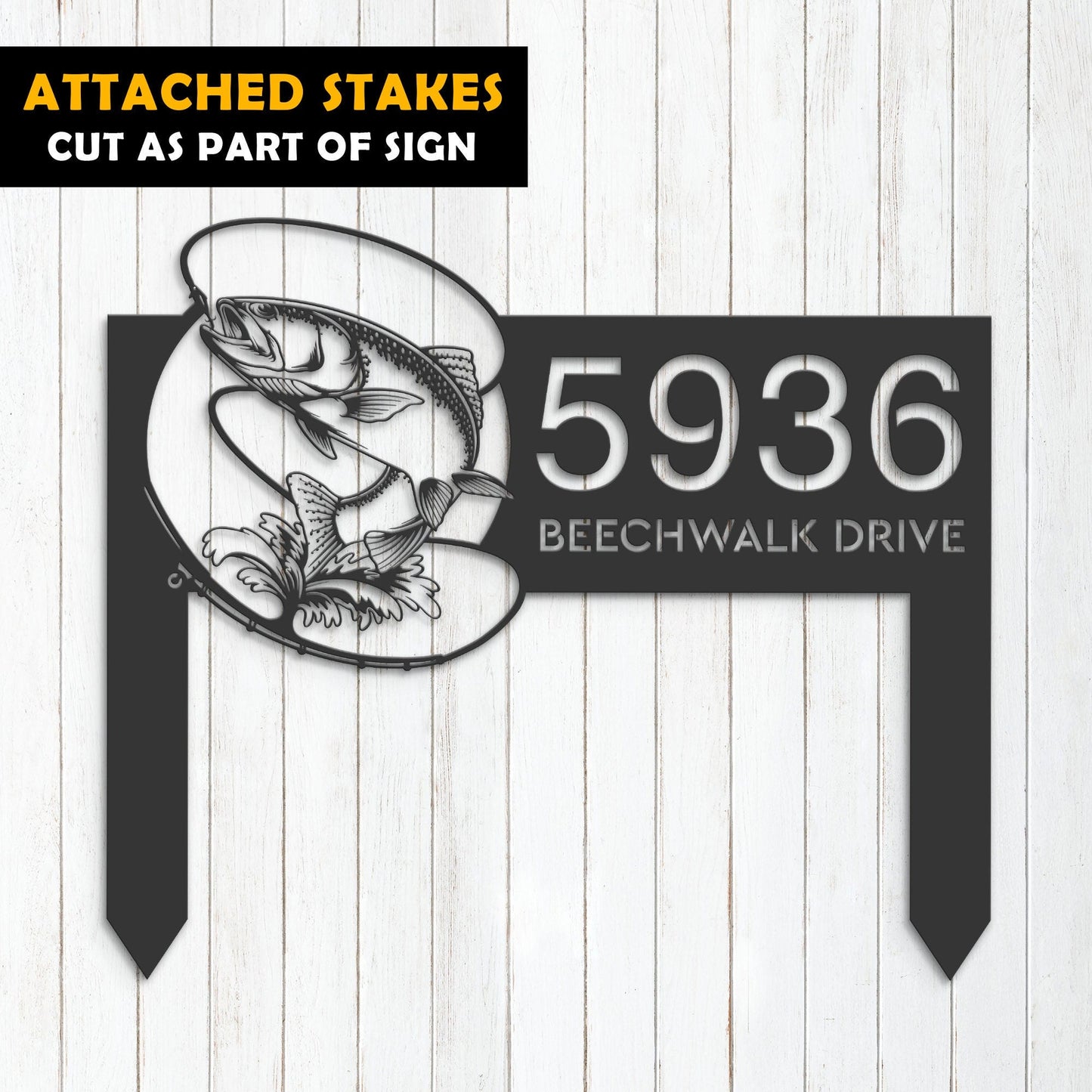 Personalized Trout fishing rod bait hook Metal Address Sign House number Hanging Address Plaque Yard Sign Outdoor Sign Garden Stake