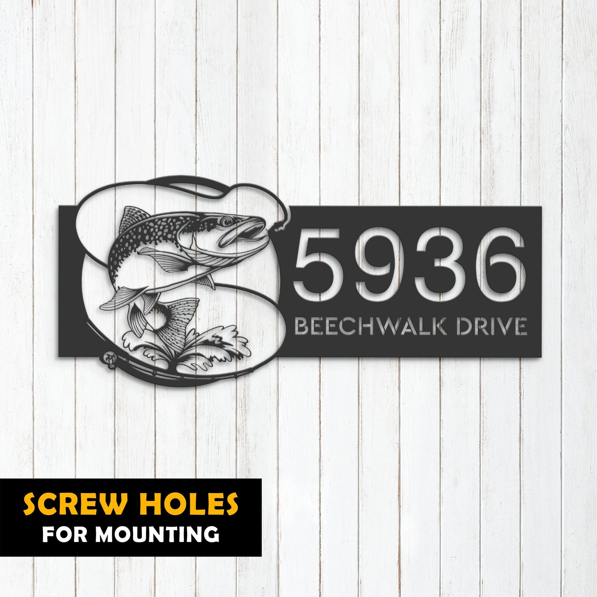 Personalized Trout fishing rod bait hook Metal Address Sign House number Hanging Address Plaque Yard Sign Outdoor Sign Garden Stake