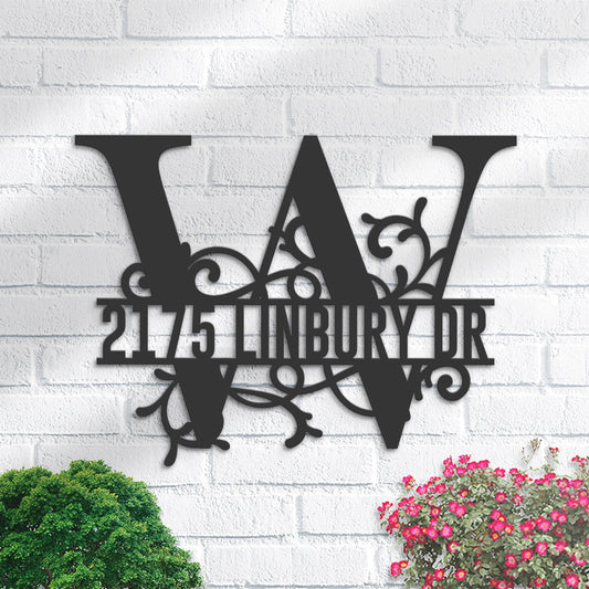 Personalized Floral Monogram Split Letter W Metal Address Sign House number Hanging Address Plaque Yard Sign Outdoor decor Garden Stake