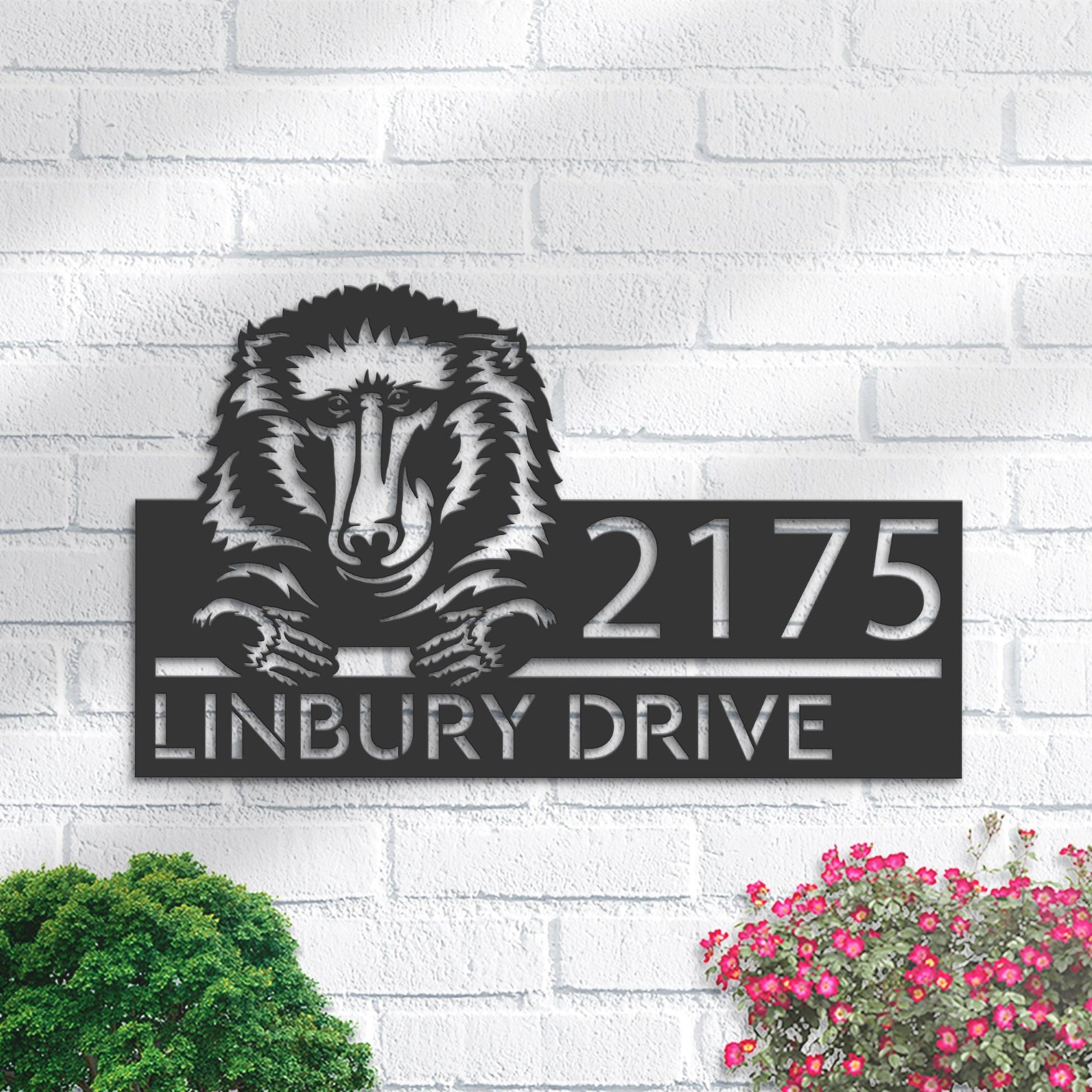 Personalized Peeking Baboon Metal Address Sign With LED lights House number Hanging Address Plaque Yard Sign Outdoor Garden Stake