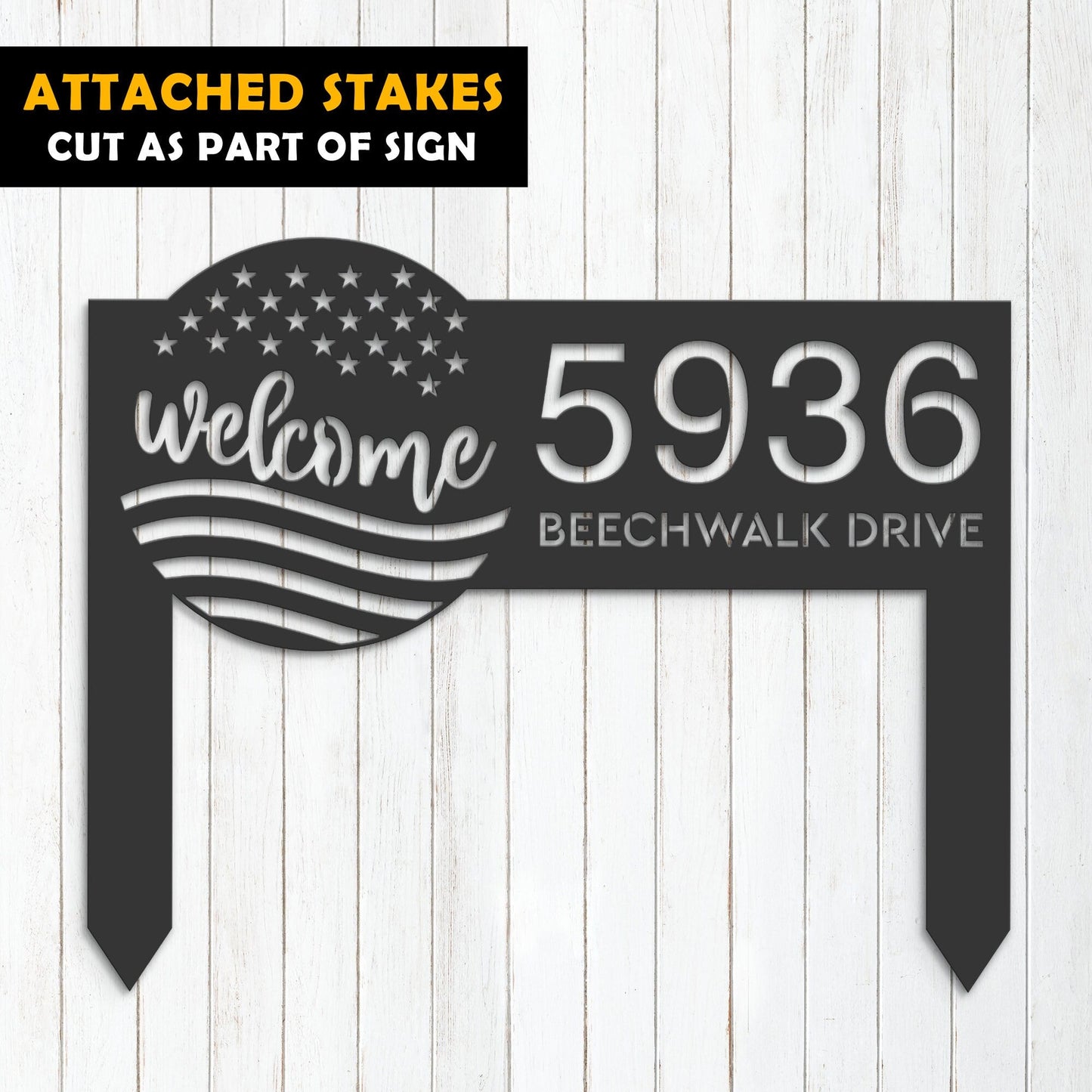 Personalized Welcome US flag 4th of July Metal Address Sign House number Hanging Address Plaque Yard Sign Outdoor decor Garden Stake