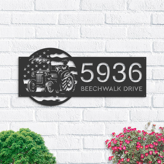 Personalized Farmer on tractor on US flag Metal Address Sign House number Hanging Address Plaque Yard Sign Outdoor Sign Garden Stake