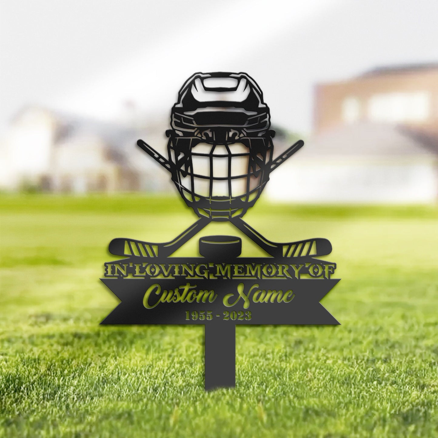 Personalized Hockey player stick helmet puck Memorial Stake, Metal Stake, Sympathy Sign, Grave Marker, Remembrance Stake