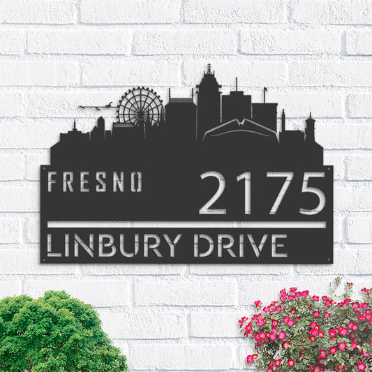 Personalized Fresno city skyline Metal Address Sign Hanging Address Plaque house number Yard Outdoor Sign Garden Stake