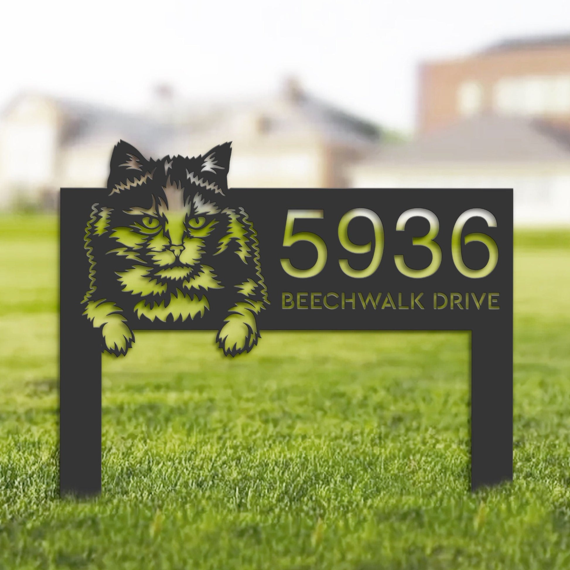 Personalized Tortoiseshell Cute peeking cat Metal Address Sign House number Hanging Address Plaque Yard Sign Outdoor Sign Garden Stake