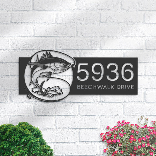 Personalized Tuna fishing rod bait hook Metal Address Sign House number Hanging Address Plaque Yard Sign Outdoor Sign Garden Stake