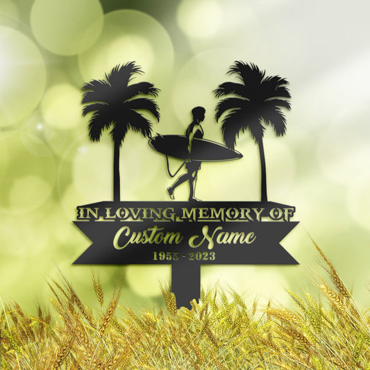 Personalized Surfer palm tree Memorial Stake, Metal Stake, Sympathy Sign, Grave Marker, Remembrance Stake